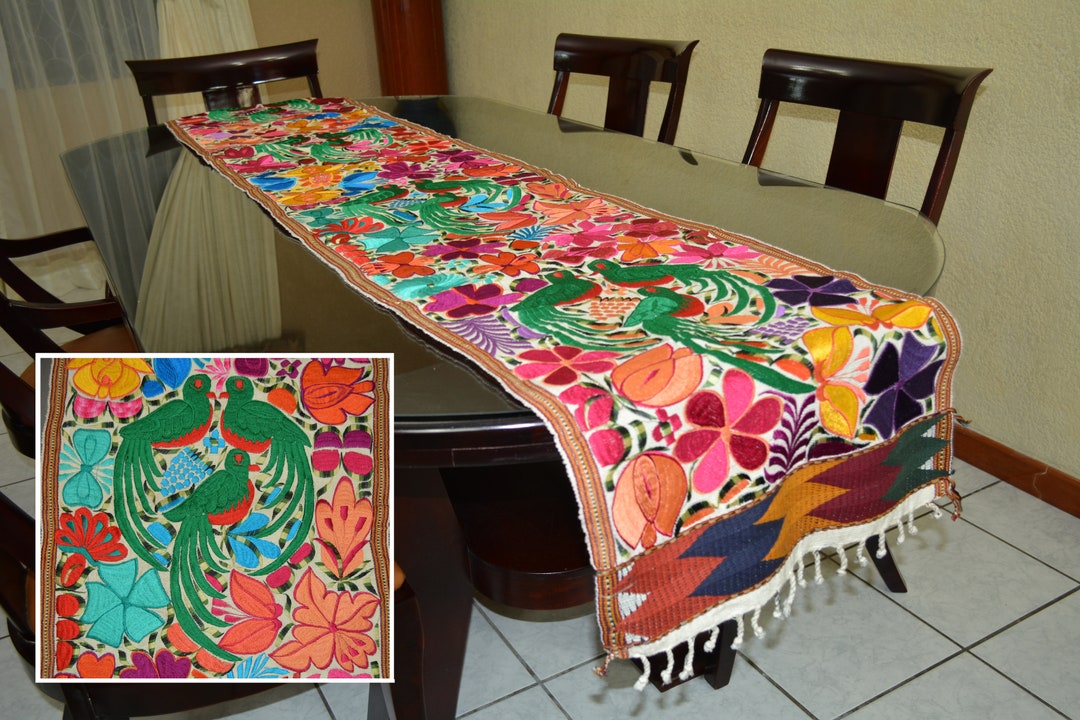 Embroidered Quetzal Table Runner, Guatemalan Table Runner, Floral Table Runner, Cotton Table