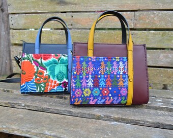 Leather Crossbody Bag: Floral Embroidered Guatemalan Top Handle Bag
