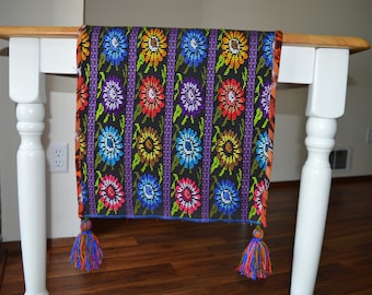 Floral table runner, Blue birds wall hanging, Zunil Guatemala table dinner, Multicolored wall hanging, Hand embroidered table runner