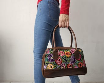 Embroidered Floral Top Handle Bag: Guatemalan Leather Handbag