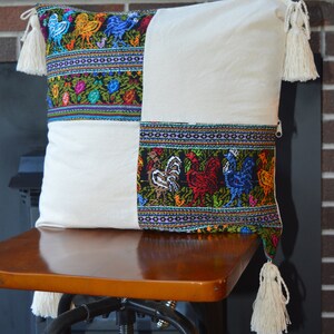 Embroidered Floral Rooster Pillow Cover: Guatemalan Cotton Tassel Cushion image 3