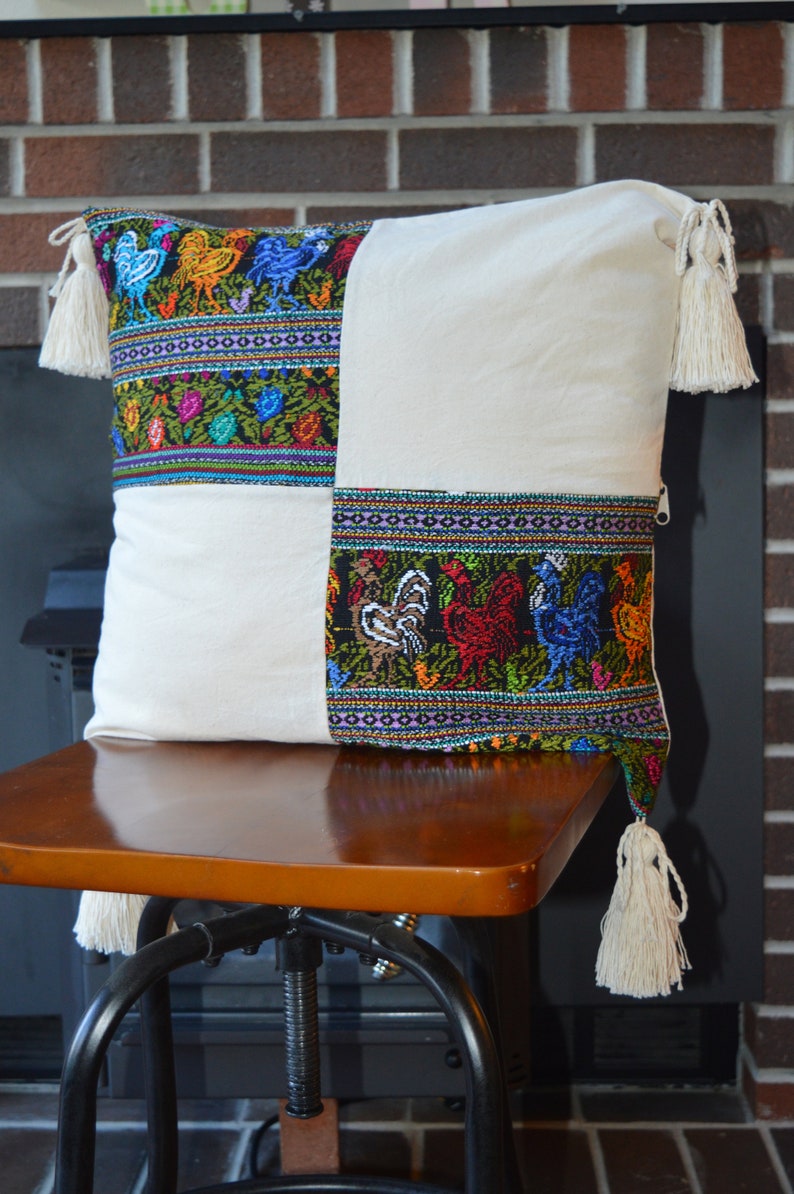 Embroidered Floral Rooster Pillow Cover: Guatemalan Cotton Tassel Cushion image 3