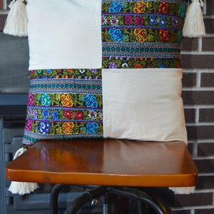 Embroidered Floral Rooster Pillow Cover: Guatemalan Cotton Tassel Cushion image 4
