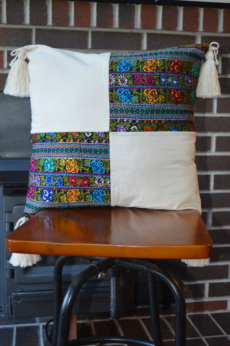 Embroidered Floral Rooster Pillow Cover: Guatemalan Cotton Tassel Cushion image 4
