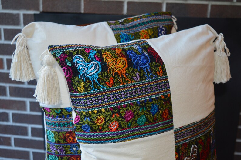 Embroidered Floral Rooster Pillow Cover: Guatemalan Cotton Tassel Cushion image 7
