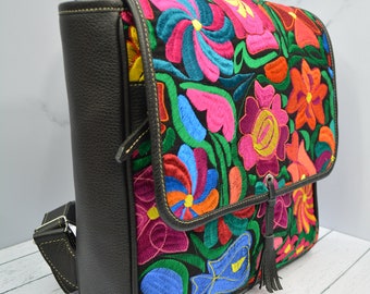 Leather Convertible Backpack Purse: Embroidered Guatemalan Crossbody Bag