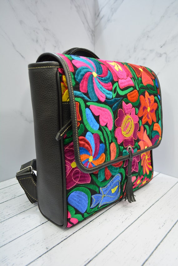 black floral leather flap backpack Leather Convertible Backpack Purse: Embroidered Guatemalan Crossbody Bag
