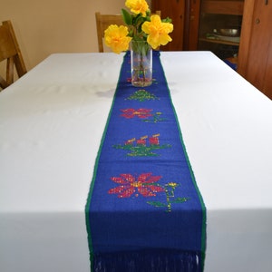 Handwoven Christmas table runner Poinsettia deer table Runner Guatemalan table runner  Cotton table runner wall hanging Fringed table runner