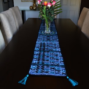 Embroidered table runner, Huipil table runner, Handwoven runners, Guatemalan runners, Animals linen table clothes, Blue tones wall hanging