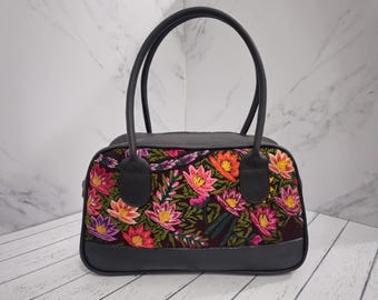 Embroidered Black Leather Top Handle Bag: Guatemalan Floral Purse