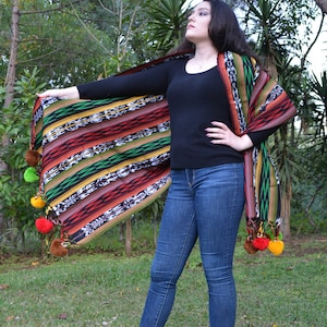 Pompom shawl, Guatemalan cotton shawl, Multicolored shawl, Handwoven boho wrap, Rebozo shawl, Ethnic Throw table runner, Wall hanging