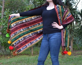 Handwoven Guatemalan Cotton Pompom Shawl: Boho Ethnic Wrap