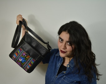 Leather Crossbody Bag: Guatemalan Embroidered Floral Shoulder Purse