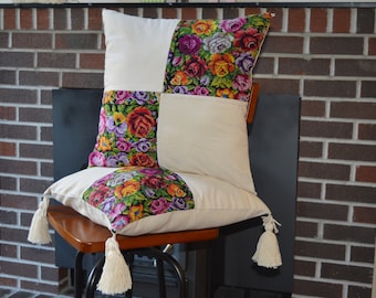 Embroidered flower pillows Floral throw pillow cover Guatemala cotton fabric pillow case Huipil pillow cover Detachable tassels pillow case