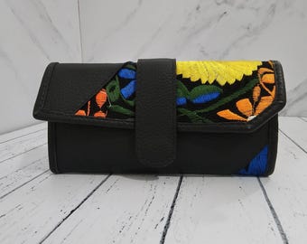 Embroidered Floral Leather Wallet: Guatemalan Ikat Fabric, Credit Card Slots