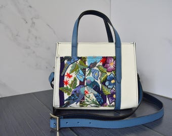 Embroidered Leather Crossbody Bag: Guatemalan Floral Top Handle Design