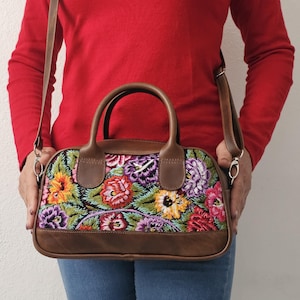 Guatemalan floral crossbody bag, Genuine Brown Leather bag, Tribal handbag, Guatemalan colorful purse, Embroidered bag, Top handle bag