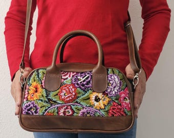Guatemalan Floral Embroidered Crossbody Bag: Brown Leather Top Handle