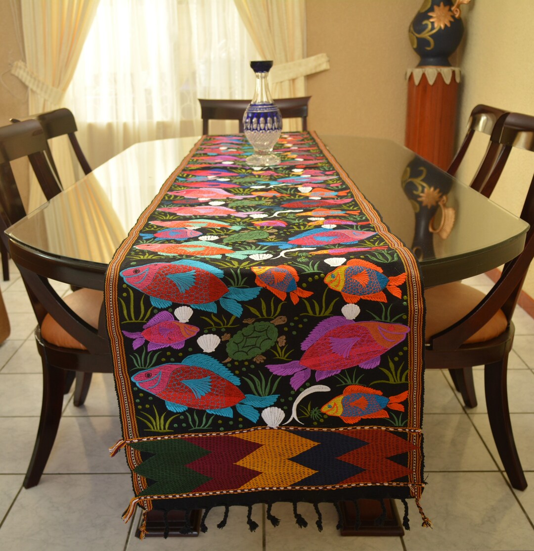 Fish Table Runner Guatemalan Table Runner Embroidered Table Runner Sea Animal Table Runner