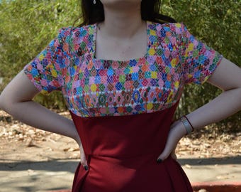 Vintage Guatemalan Huipil Dress: Hand-Embroidered Chevron A-Line