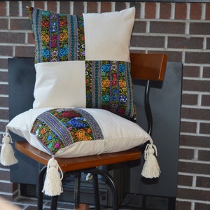 Embroidered Floral Rooster Pillow Cover: Guatemalan Cotton Tassel Cushion image 1