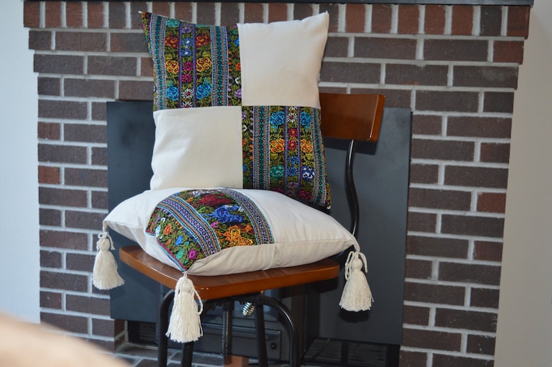 Embroidered Floral Rooster Pillow Cover: Guatemalan Cotton Tassel Cushion image 1