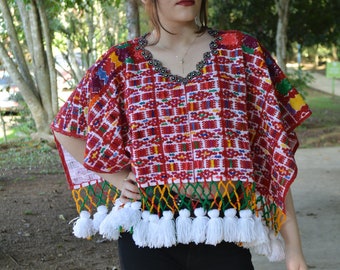 Embroidered huipil poncho Vintage tassel poncho Chevron woven wrap Geometric, birds, abstract huipil Santiago Sacatepequez, Guatemala huipil
