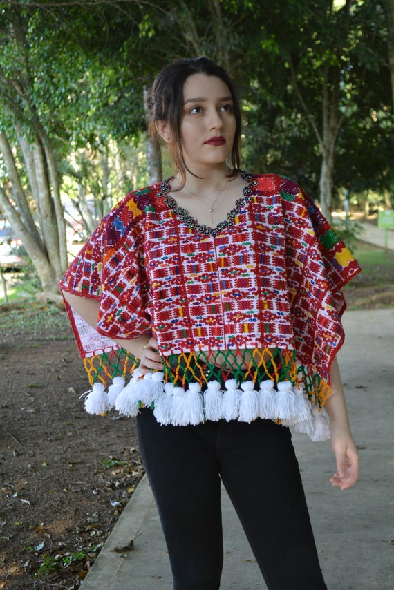 Embroidered huipil poncho Vintage tassel poncho Ch