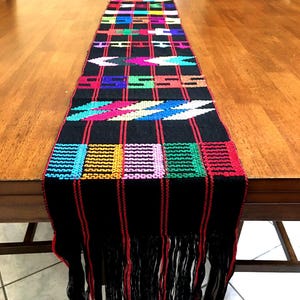Fringed table runner Guatemalan Table Runner Wedding Table Runner Geometric Table Runner Handwoven wall hanging Black cotton table runner