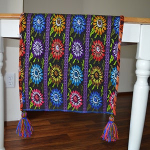 Tassel table runner, Flowers table runner, Blue birds table runner, Zunil Guatemala floral table dinner, Hand embroidered wall hanging