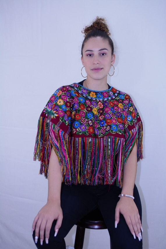 Embroidered floral shawl Fringe cape Colorful shaw
