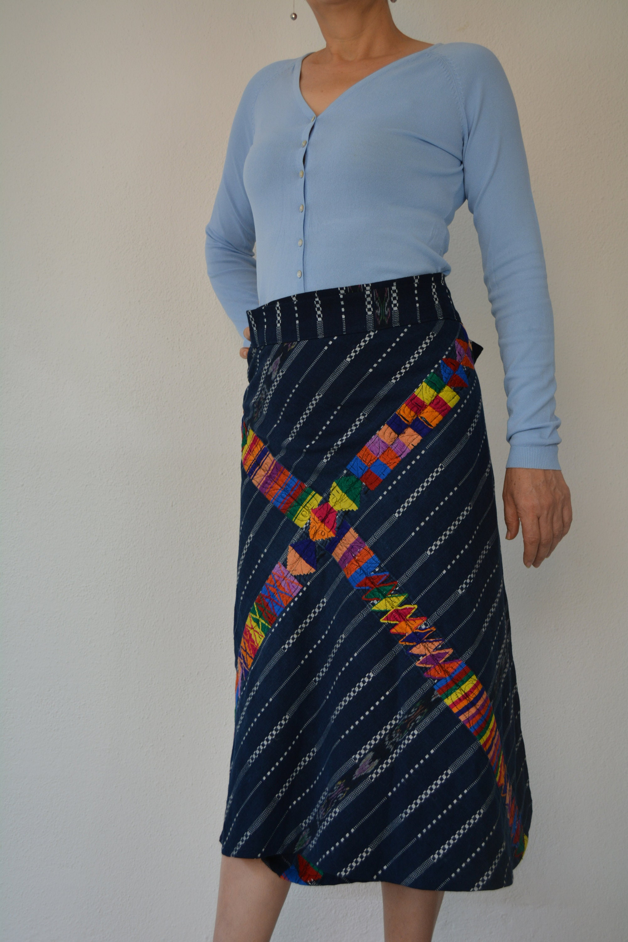 Vintage 70s Guatemalan Wrap Skirt Maya Indigo Blue Marbled