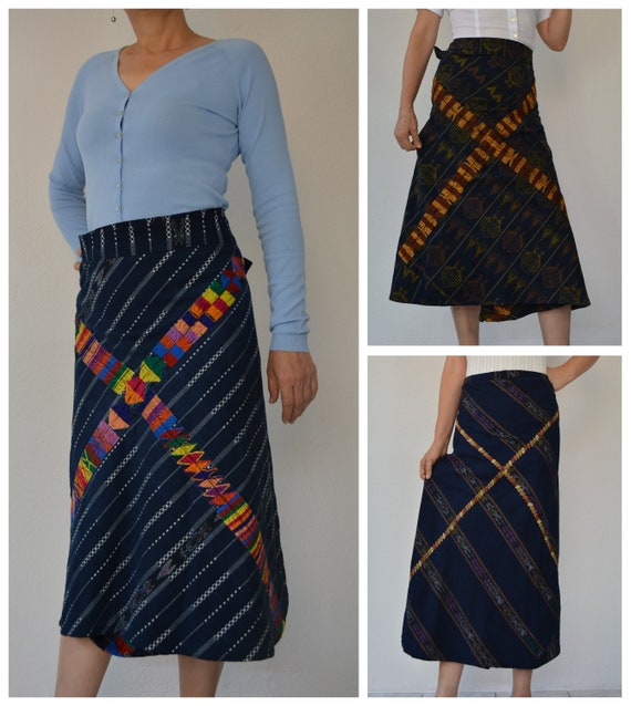 Vintage 70s Guatemalan wrap skirt Maya indigo blue