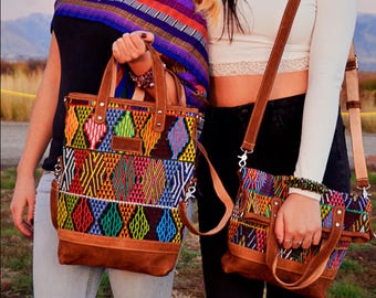 Leather Foldover Crossbody Bag, Embroidered Guatemalan Huipil Textile