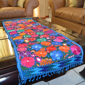 Flowers table runner Guatemalan embroidered flowers patterns fabric Handwoven wall hanging Cotton silk linen table runner Shiny  tablecloth
