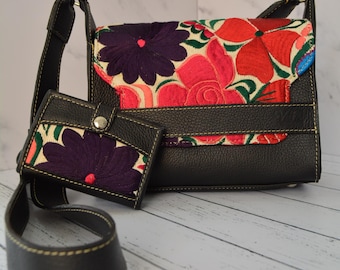Embroidered Leather Crossbody Bag with Wallet: Guatemalan Huipil Purse