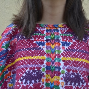 Embroidered poncho huipil Guatemalan vintage huipil Mayan blouse Chevron woven wrap Braided huipil San Pedro Sacatepequez huipil