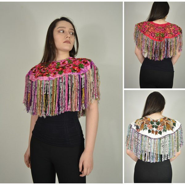 Embroidered floral shawl Fringe cape Colorful shawl Guatemalan huipil Vintage stole Gypsy Floral embroidered clothing 80s shawl