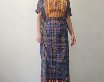 Embroidered Guatemalan  maxi dress: Vintage 1970s Indigo Cotton Caftan