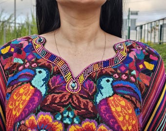 Authentic Guatemalan Huipil from Comalapa, Hand-Embroidered with Birds & Beads, Woven on Backstrap Loom