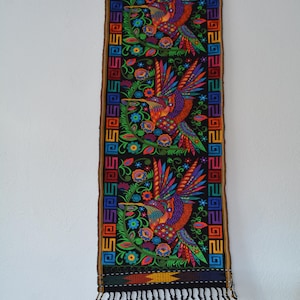 Hummingbirds table runner, Guatemalan floral textile, Embroidered flowers fabric,Multicolored table runners, Floral wall hanging