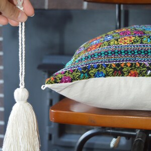 Embroidered Floral Rooster Pillow Cover: Guatemalan Cotton Tassel Cushion image 9