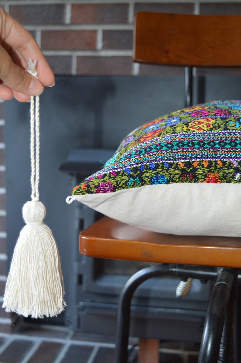 Embroidered Floral Rooster Pillow Cover: Guatemalan Cotton Tassel Cushion image 9