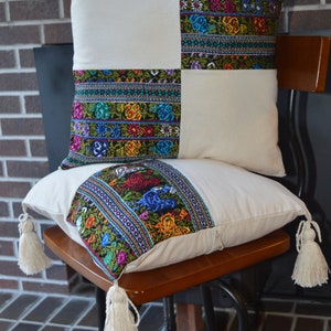Embroidered Floral Rooster Pillow Cover: Guatemalan Cotton Tassel Cushion image 2