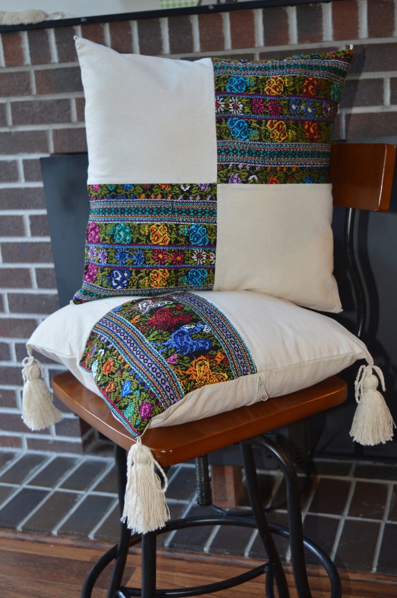 Embroidered Floral Rooster Pillow Cover: Guatemalan Cotton Tassel Cushion image 2