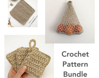 Kitchen Crochet Pattern, Crochet Pattern Bundle, Crochet String Bag Pattern, Sustainable Crochet, Dish Scrubbies Pattern, Dishcloth