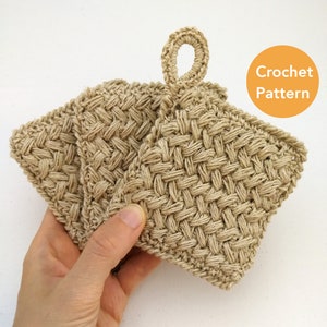May include: A close-up of a stack of beige crochet pot holders with a woven texture. Each square pot holder has a loop for hanging. The words "Crochet Pattern" are in a yellow circle in the upper right corner.