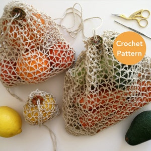 Produce Bag Crochet Pattern for Lace Yarn, Net Bag Pattern, Crochet Pattern for Beginners, String Bag Pattern, Kitchen Crochet Patterns
