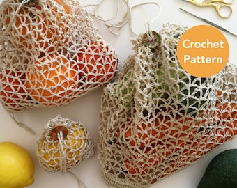 Produce Bag Crochet Pattern for Lace Yarn, Net Bag Pattern, Crochet Pattern for Beginners, String Bag Pattern, Kitchen Crochet Patterns