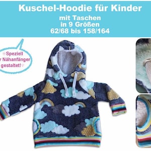 以下が含まれることがあります： 子供用のレインボーと雲のプリントが施された青いフード付きスウェットシャツ。ポケットが付いており、初心者向けの縫製用に設計されています。サイズ62/68から158/164。